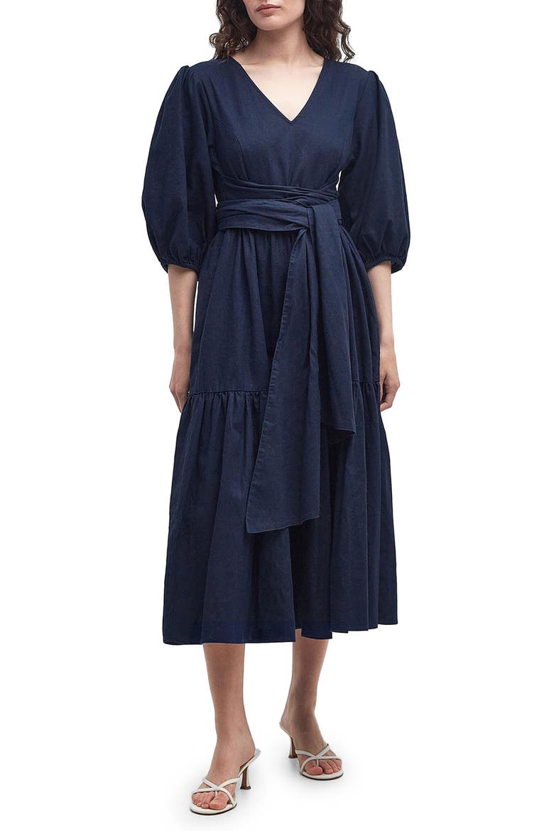 Annie Puff Sleeve Linen & Cotton Midi Dress, Main, color, NAVY