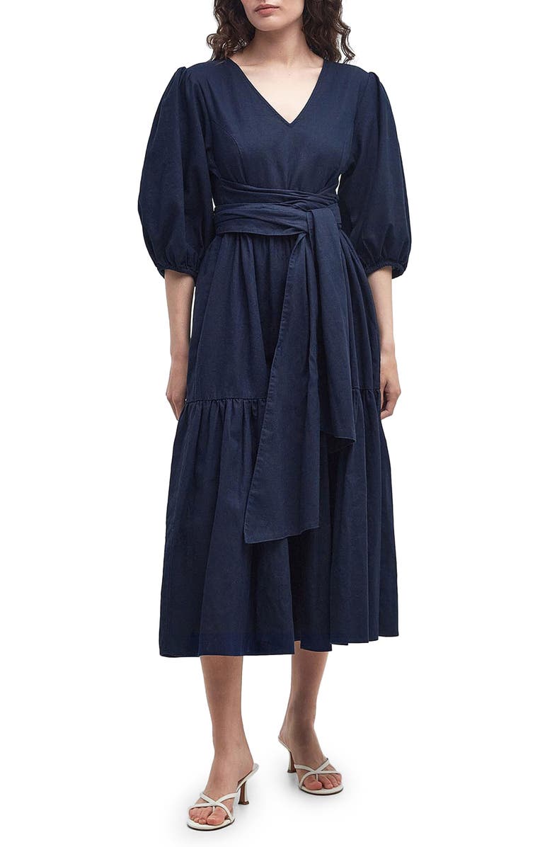Barbour Annie Puff Sleeve Linen & Cotton Midi Dress, Main, color, 