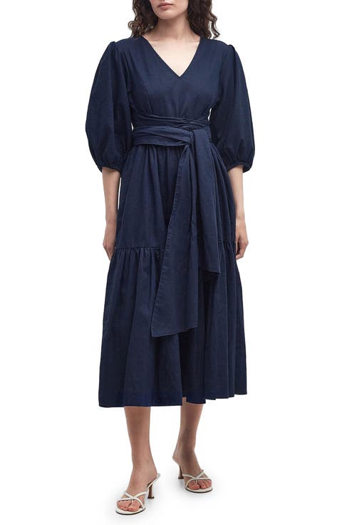 Annie Puff Sleeve Linen & Cotton Midi Dress