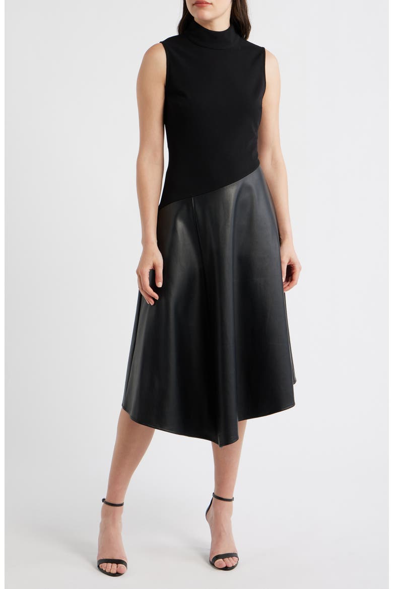 Mixed Media Asymmetric Mock Neck Midi Dress, Main, color, BLACK/ BLACK