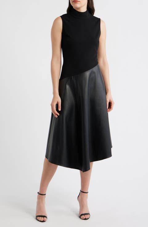 Mixed Media Asymmetric Mock Neck Midi Dress