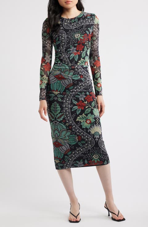 The Delilah Print Long Sleeve Mesh Maxi Dress