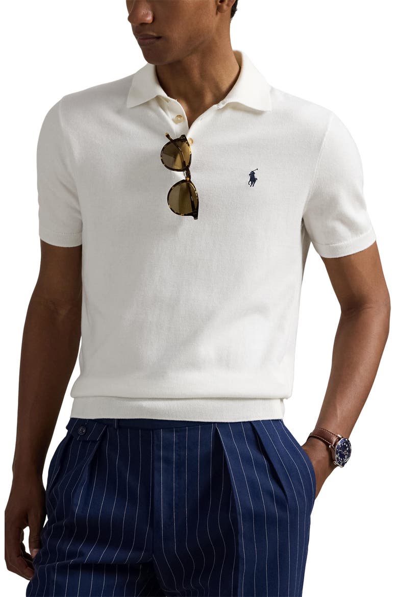 Short Sleeve Cotton Polo Sweater, Main, color, DECKWASH WHITE W/ NAVY PP