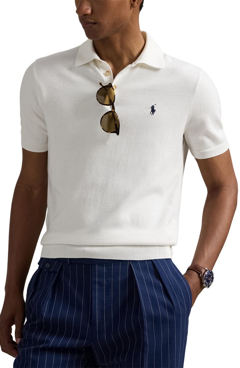 Polo Ralph Lauren Short Sleeve Cotton Polo Sweater, Main, color, Deckwash White W/ Navy Pp