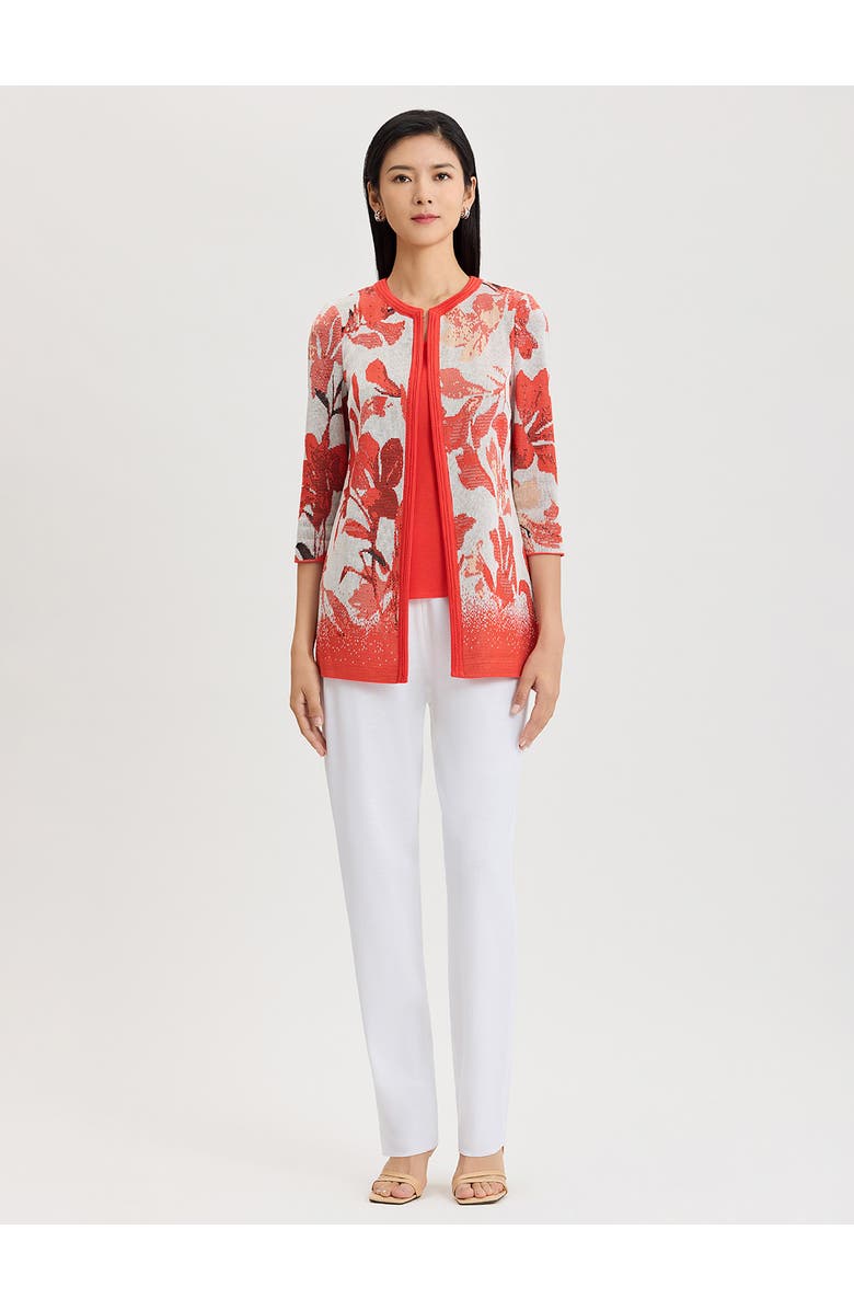 Misook Floral Jacquard Flat Knit Jacket, Alternate, color, Cherry/Peach/Ivory/Black