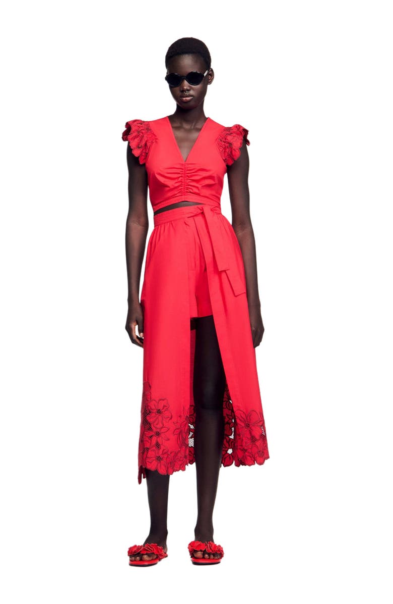 SANDRO Crop top with embroidered sleeves, Main, color, 