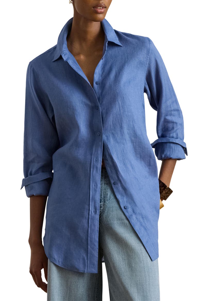 Relaxed Fit Linen Roll Tab Sleeve Shirt, Main, color, CARSON BLUE