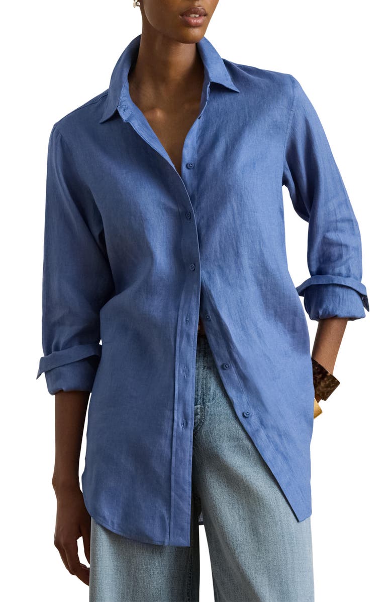 Lauren Ralph Lauren Karrie Tissue Linen Button-Up Shirt, Main, color, Carson Blue