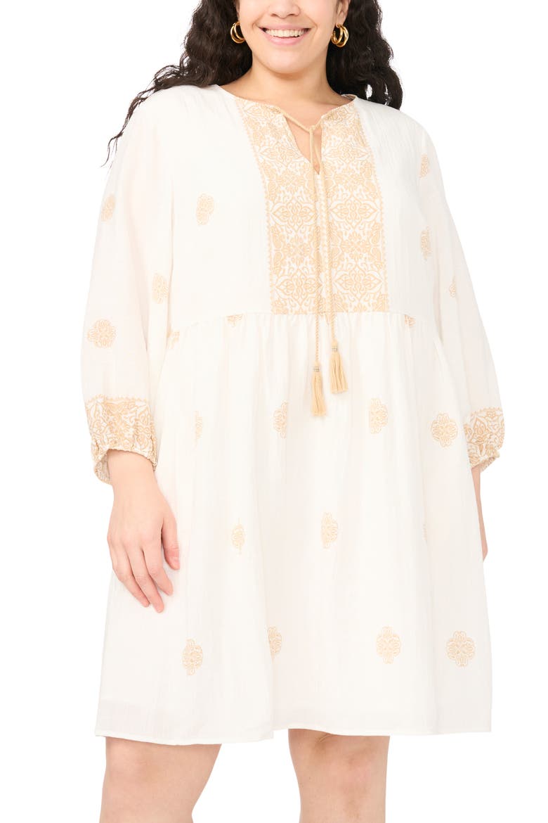 Medallion Print Split Neck Minidress, Alternate, color, CAMEL