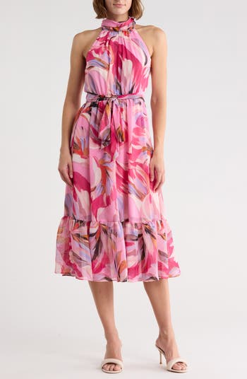 knee length dresses for ladies Cocktail Hour Pink Stretch Sleeveless Plunge Ruched Midi Dress main image 1