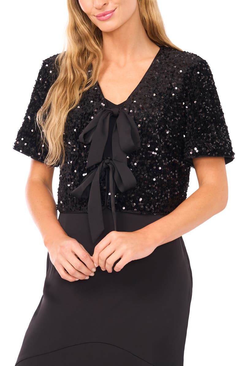 CeCe Sequin Tie Front Velvet Top, Main, color, Rich Black