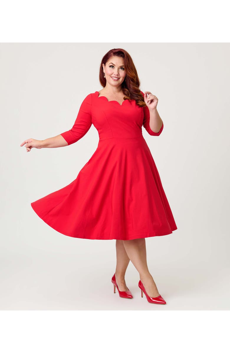Unique Vintage Plus Size Scalloped Neck Swing Dress, Alternate, color, Red Solid