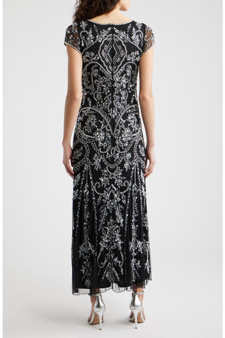 Beaded Mesh Midi Cocktail Dress, Alternate, color, BLACK/ SILVER