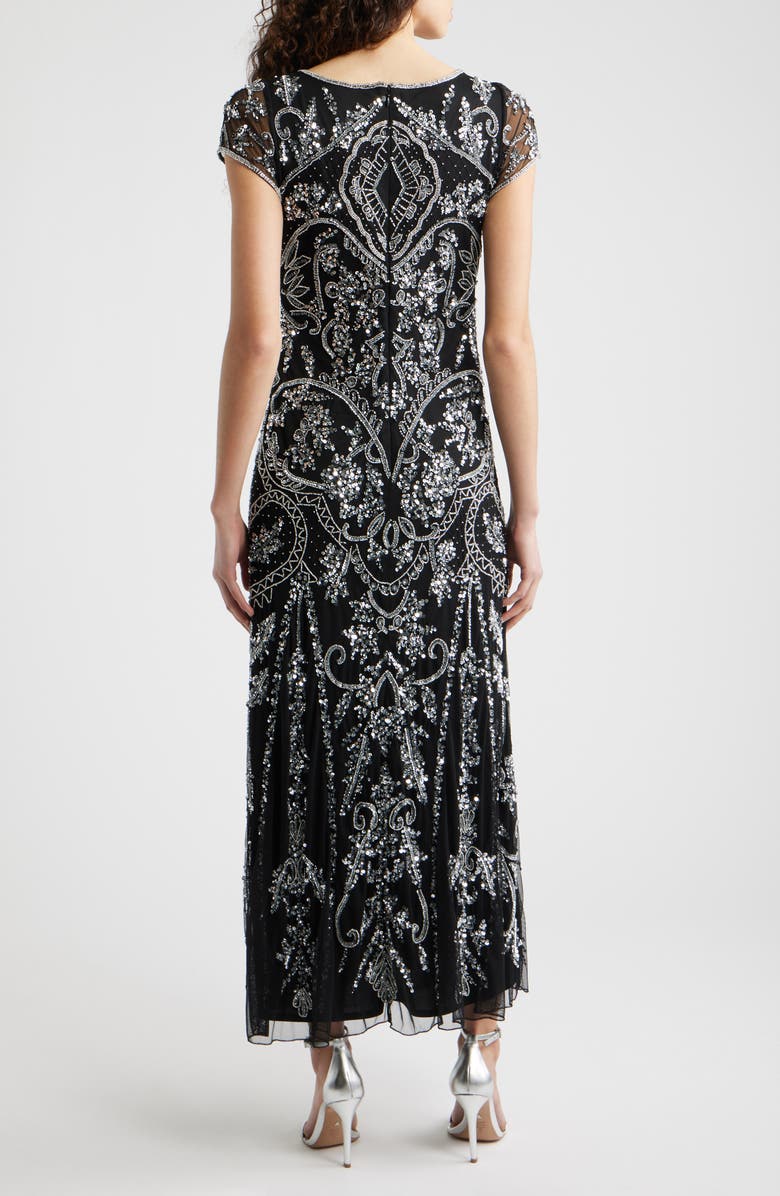 Pisarro Nights Beaded Mesh Midi Cocktail Dress, Alternate, color, Black/ Silver