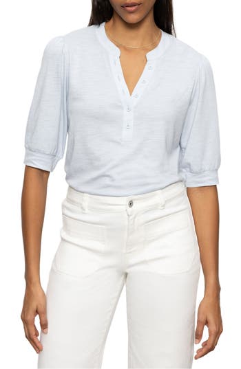 Sanctuary Mixed Media Organic Cotton Blend Top In Blue