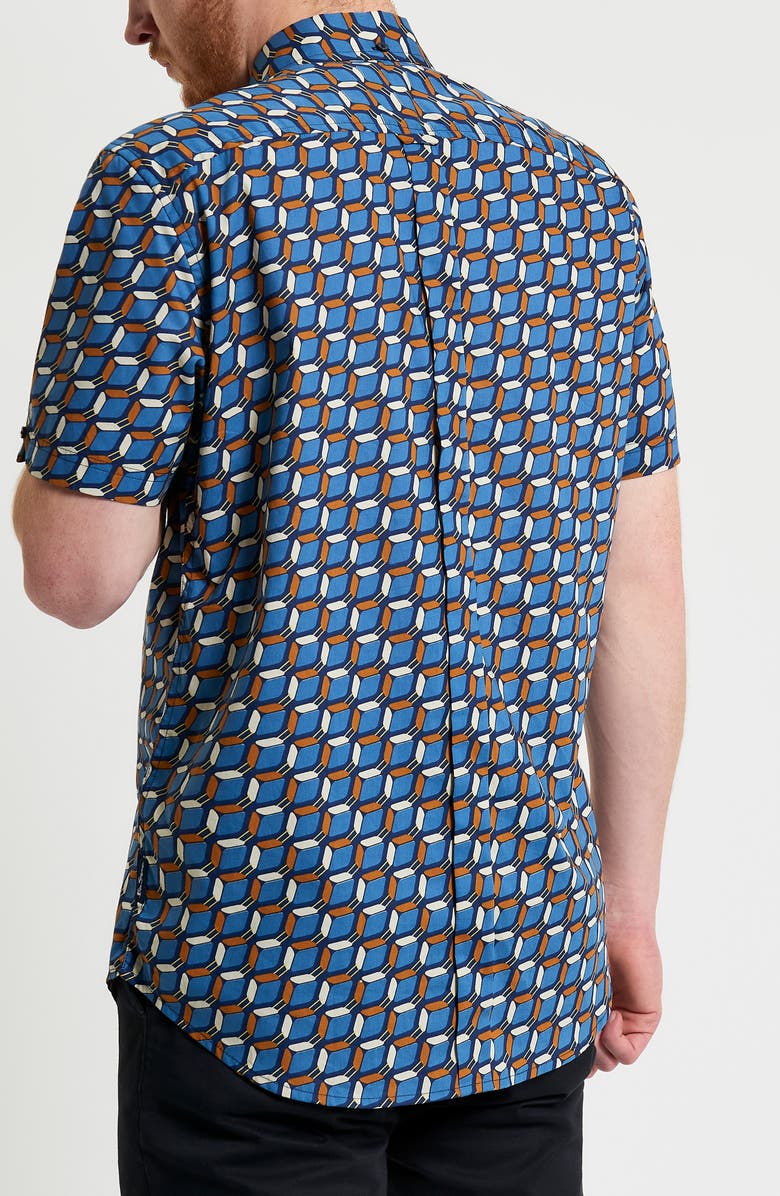 Ben Sherman Retro Geo Print Short Sleeve Organic Cotton Button-Down Shirt, Alternate, color, 