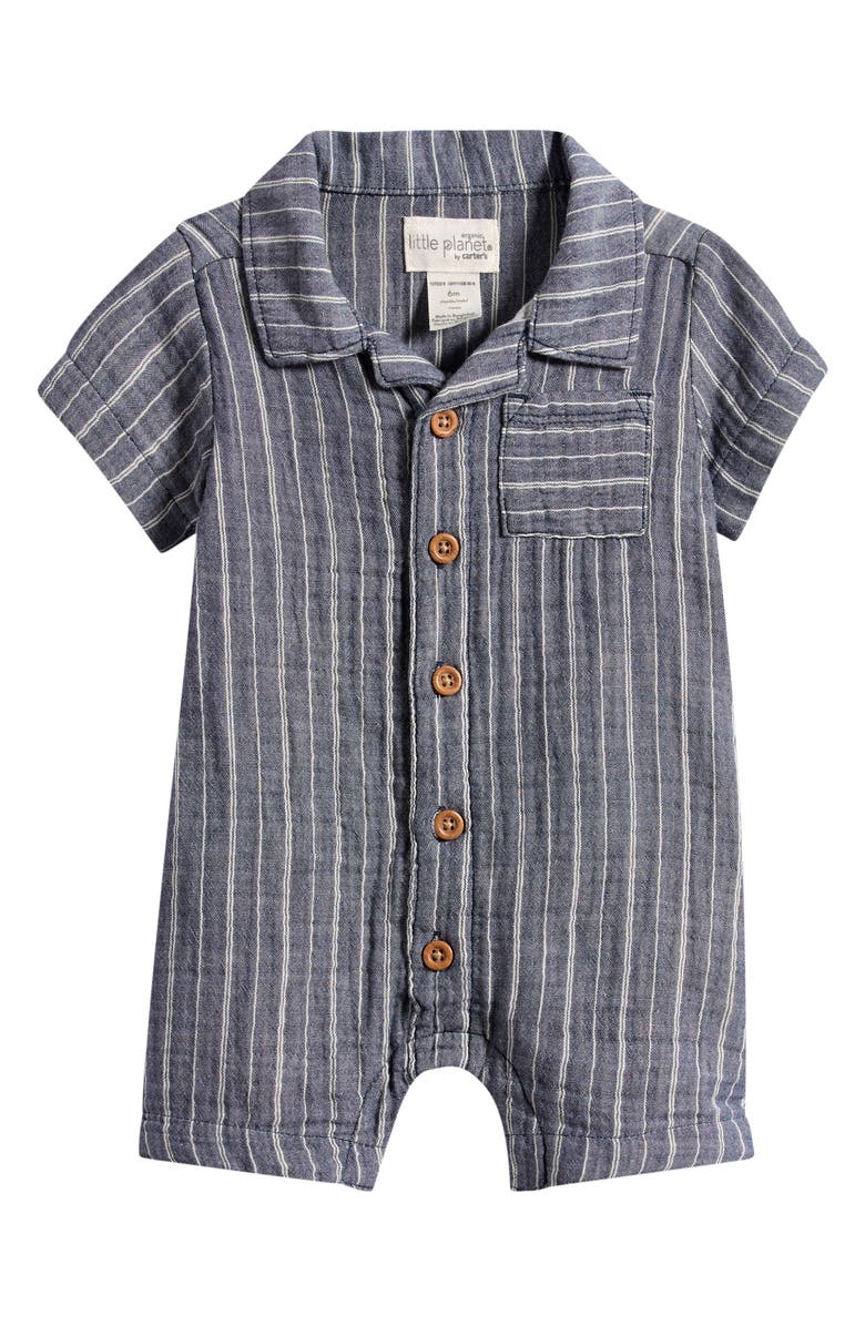 Little Planet Stripe Cotton Gauze Romper, Main, color, Navy Stripe