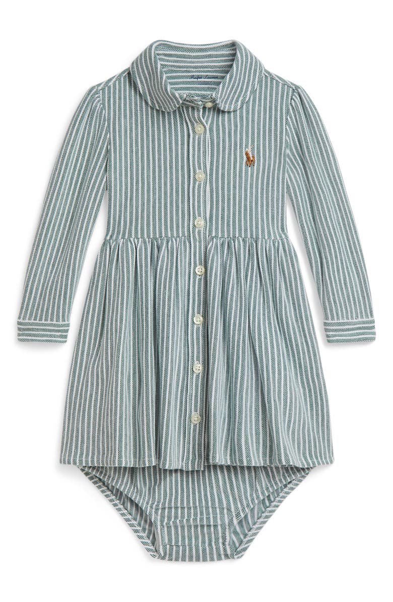 Ralph Lauren Oxford Stripe Cotton Dress & Bloomers, Main, color, Kelly Green Multi