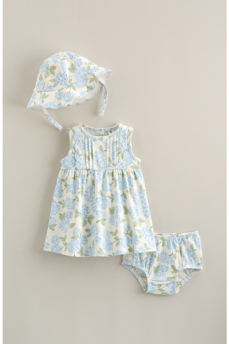 Pintuck Ruffle Cotton Dress, Hat & Bloomers Set, Main, color, IVORY EGRET BLUE HYDRANGEA