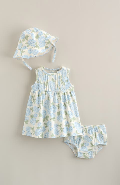 Pintuck Ruffle Cotton Dress, Hat & Bloomers Set (Baby)