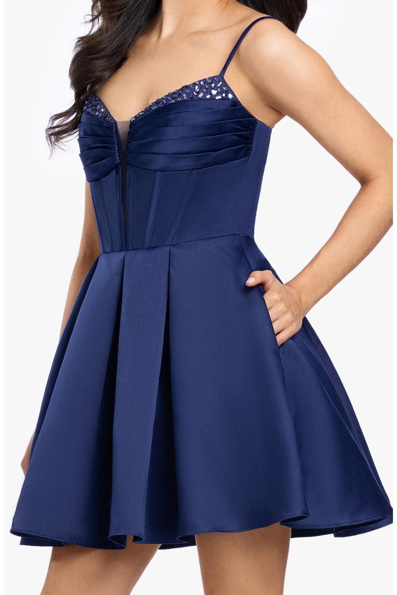 Beaded Pleated Fit & Flare Party Dress, Alternate, color, NAVY