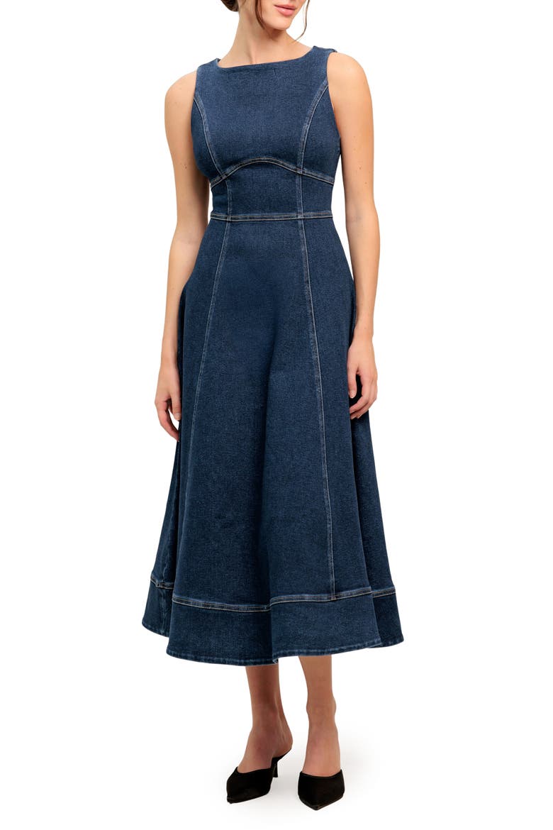 Sleeveless Stretch Denim Midi Dress, Main, color, MEDIUM INDIGO