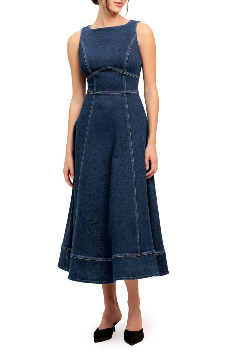 FLYING TOMATO Sleeveless Stretch Denim Midi Dress, Main, color, Medium Indigo