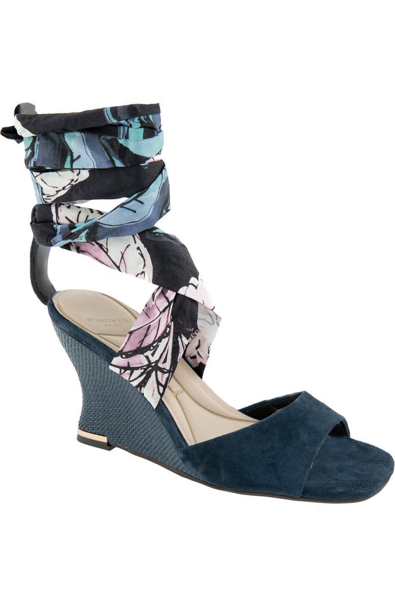 Kenneth Cole Fabia Ankle Wrap Wedge Sandal, Main, color, Navy Suede