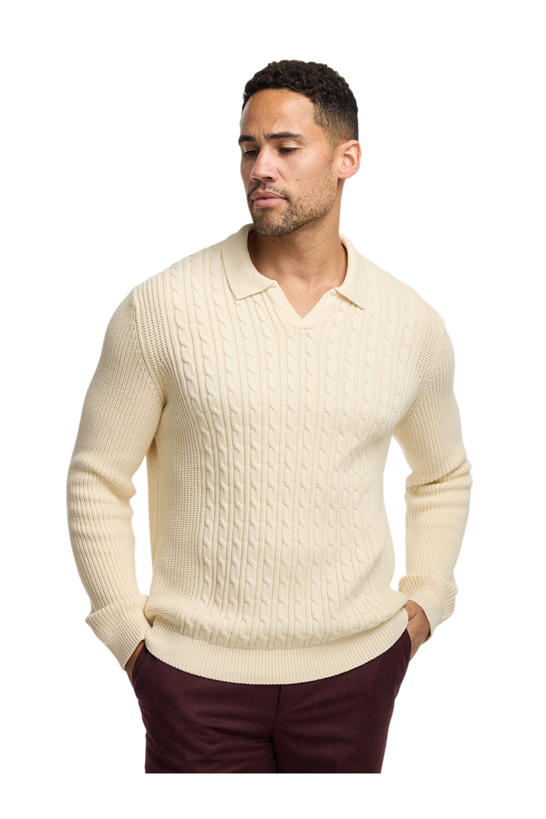 Cotton Cable V-neck Polo, Alternate, color, Ivory