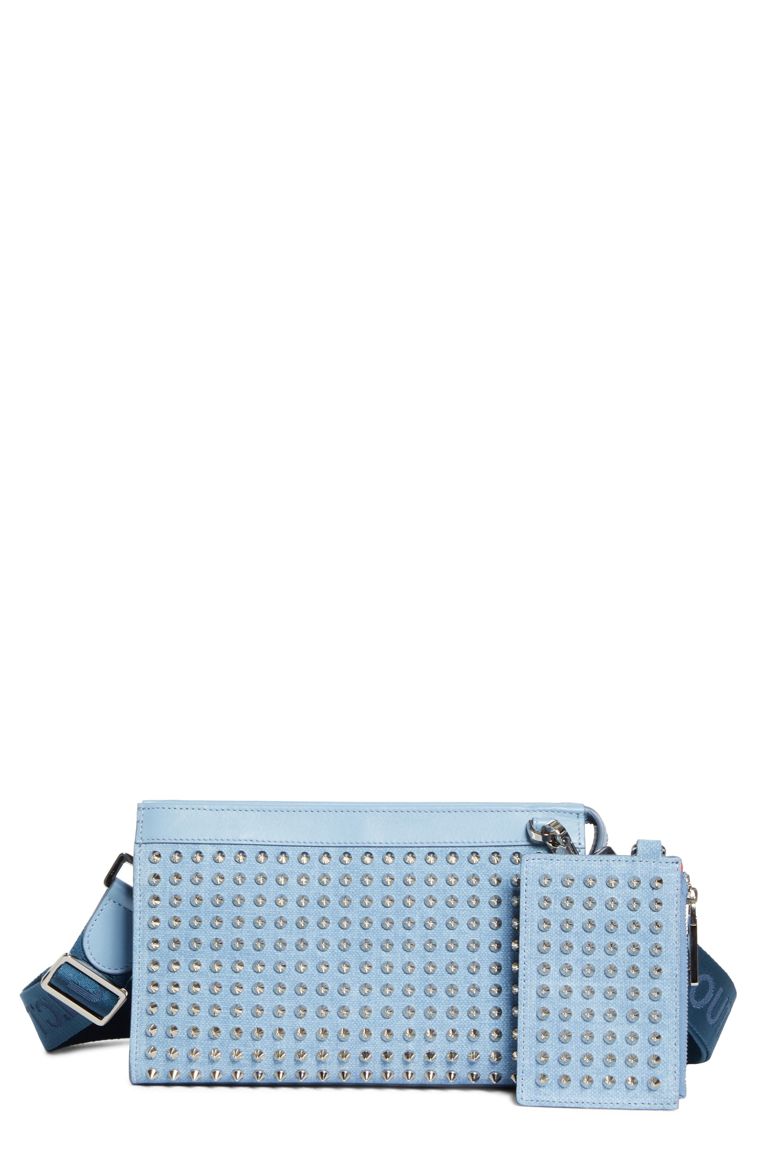 Christian Louboutin Funky Studded Canvas Crossbody Bag, Main, color, 4396-Ceruleo/ Silver