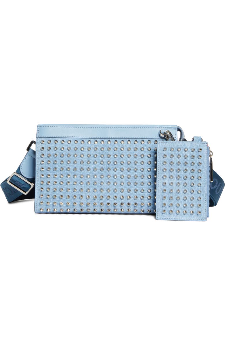 Christian Louboutin Funky Studded Canvas Crossbody Bag, Main, color, 4396-Ceruleo/ Silver