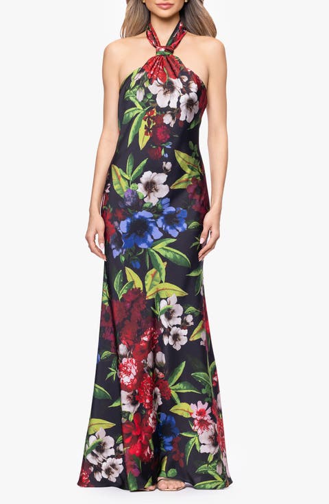 Floral Print Satin Halter Dress