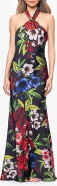 Betsy & Adam Floral Print Satin Halter Dress