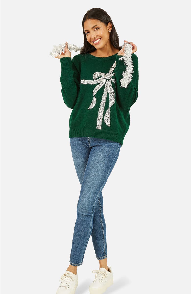 Yumi Sequin Bow Knitted Sweater, Alternate, color, Green