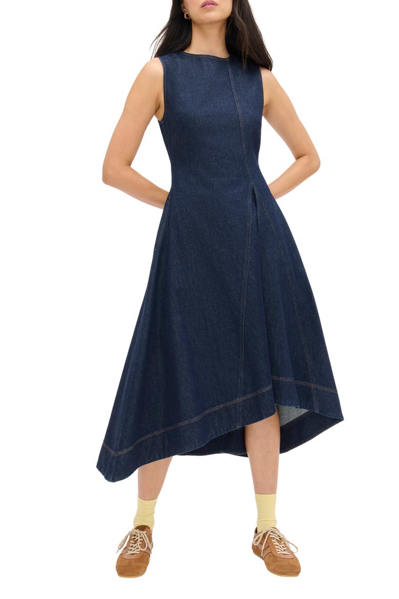 Liberty Asymmetric Sleeveless Stretch Organic Cotton Denim Midi Dress, Main, color, INDIGO