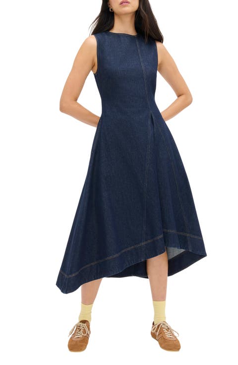 Liberty Asymmetric Sleeveless Stretch Organic Cotton Denim Midi Dress