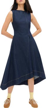 ALIGNE Liberty Asymmetric Sleeveless Stretch Organic Cotton Denim Midi Dress