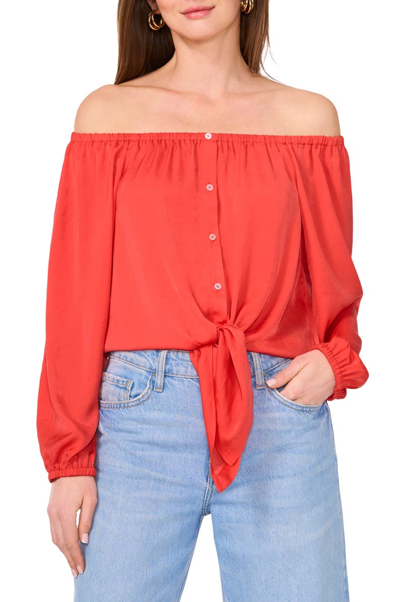 Vince Camuto Off the Shoulder Tie Hem Button-Up Top, Main, color, Cayenne
