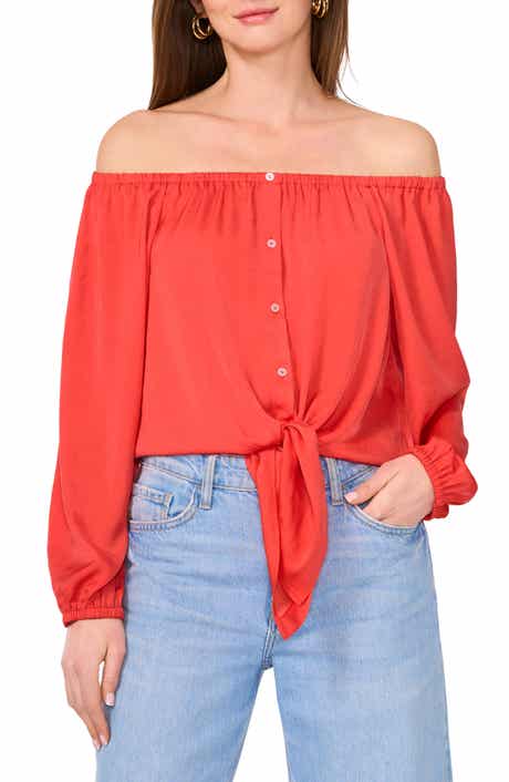 Vince Camuto Off the Shoulder Tie Hem Button-Up Top