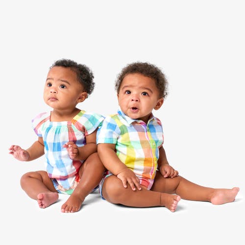 Primary Baby Button Down Shortie In Rainbow Gingham In White Rainbow Check