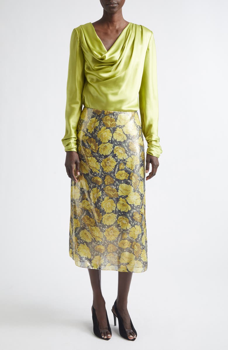 Valentino After Winter Metallic Poppies Print Skirt, Alternate, color, Yellow Multi