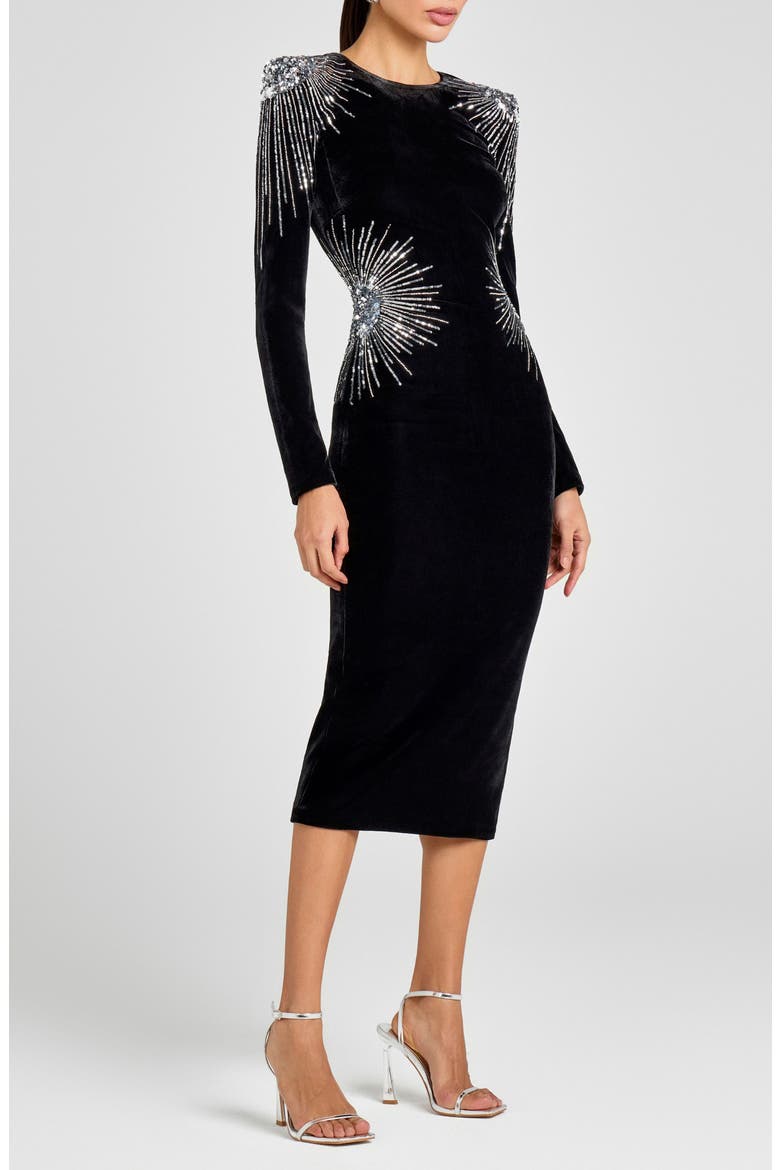 Ellie Embellished Starburst Velvet Midi Dress, Alternate, color, BLACK