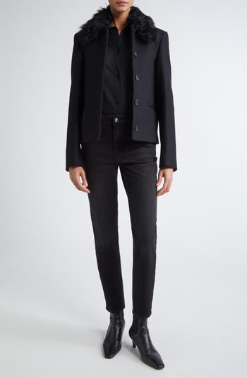 Wool Blend Jacket with Removable Genuine Shearling Collar