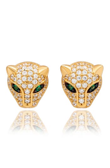 Suzy Levian Pavé Cubic Zirconia Panther Stud Earrings In Gold