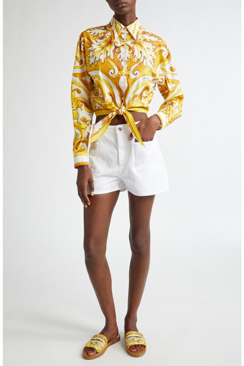 Majolica Tie Hem Cotton Button-Up Shirt, Alternate, color, MIX MAIOLICA GIALL