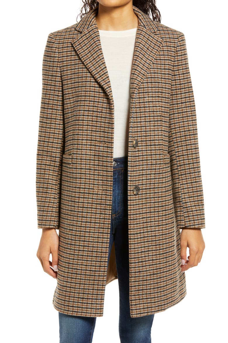 Wool Blend Reefer Coat, Main, color, BROWN GRID