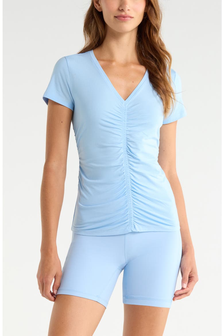 Ruched V-Neck T-Shirt, Main, color, BLUE PLACID