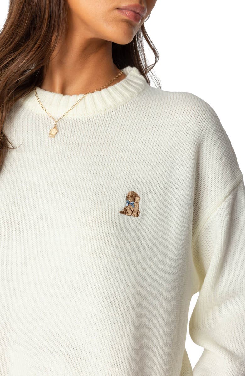EDIKTED Puppy Love Embroidered Sweater, Alternate, color, White