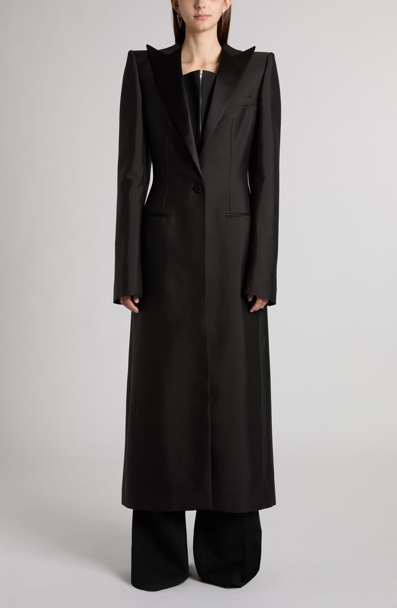 McQueen Peak Lapel Wool & Silk Long Coat, Main, color,