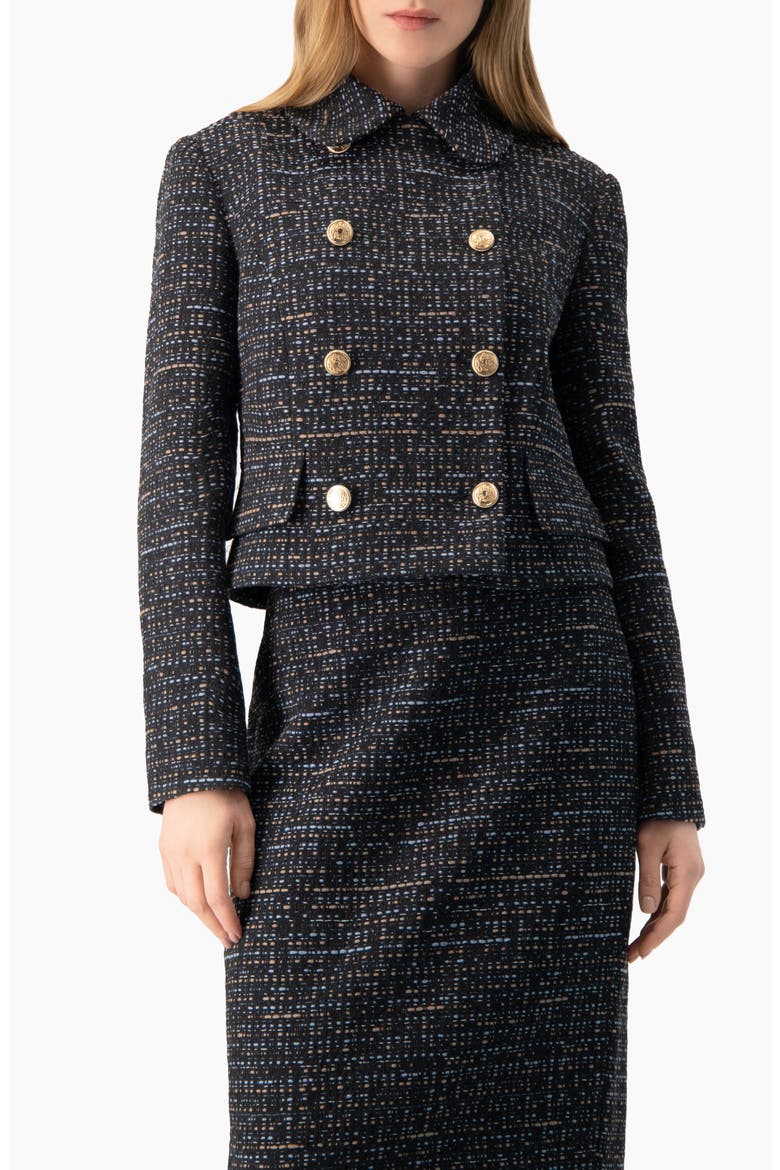 Double-Breasted Tweed Jacket with Flap Pockets, Main, color, Navy Blue